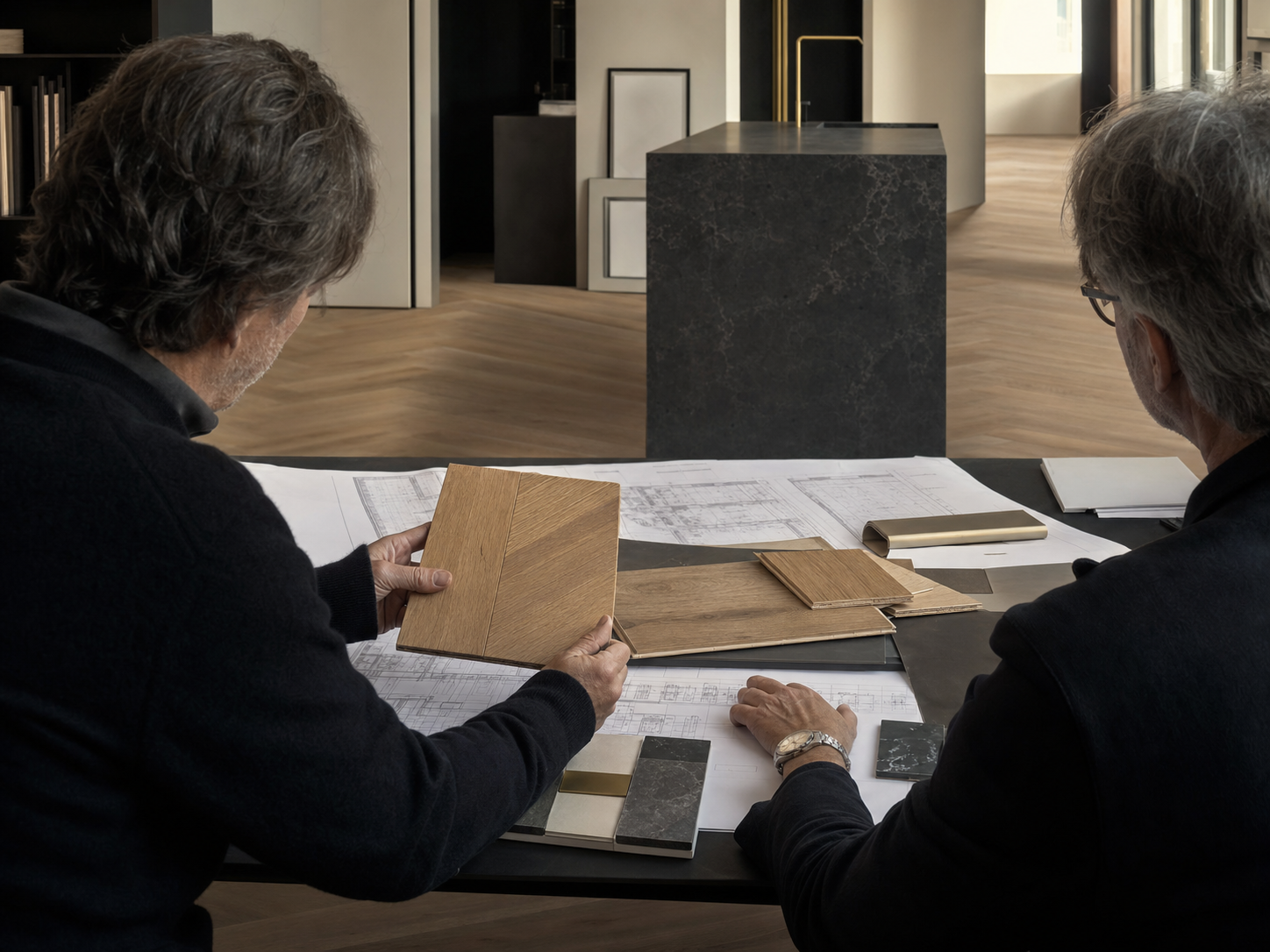 Professionisti confrontano campioni di parquet e disegni tecnici