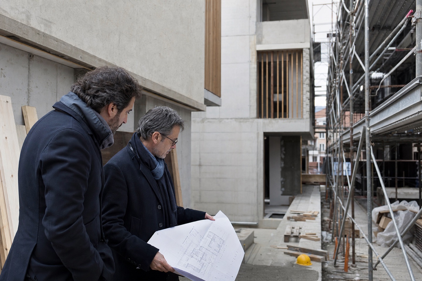 Due professionisti confrontano un disegno tecnico durante il sopralluogo in cantiere